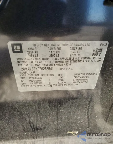 2015 GMC Terrain Slt z USA, uszkodzony, nr VIN 2GKALSEK0F6265541